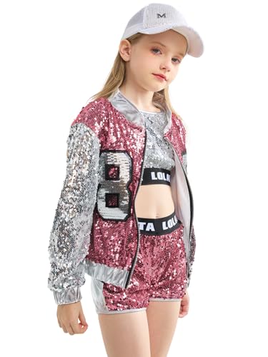 LOLANTA Girls Sequin Dance Costume 4 Piece Set Kids Hip Hop Jazz Modern Dancing Outfits (Pink, 6X-7)