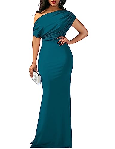 YMDUCH Women's Elegant Sleeveless Off Shoulder Bodycon Long Formal Party Evening Dress Peacock Blue