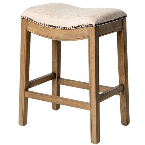 Maven Lane Adrien 26 Inch Counter Height Upholstered Backless Saddle Barstool in Natural Wood Finish with Wheat Cream Fabric Cushion Seat