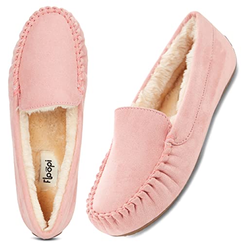 Floopi Women Slippers Moccasins, Soft Faux Fur Lining with Cozy Memory Foam, Ladies House Slippers for Women with Indoor & Outdoor Anti-Skid Sole (10 -Pink)