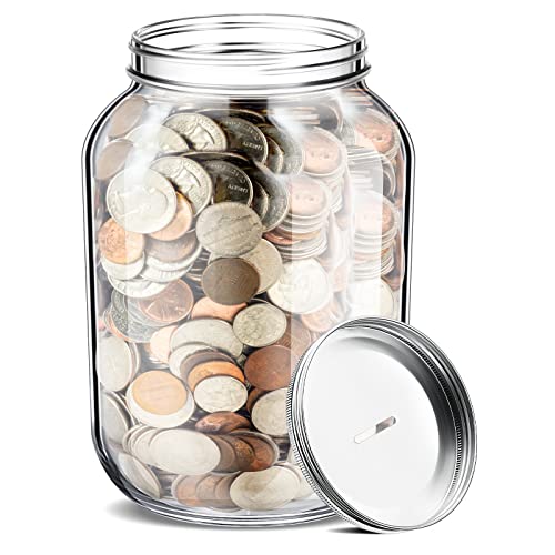 1 Gallon Coin Jar Adults Large Coin Bank Jar Glass Tip Jar with Slotted Silver Lid Holds about 3000 in Coins Change Jar Glass Piggy Bank for Raffle Ticket Drawing Adults Fund Kid Gift