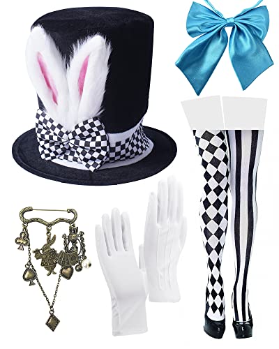 White Rabbit Costume Bunny Ears Top Hat Bow Tie White Gloves Striped and Plaid Stockings Rabbit Pin Set for Easter Halloween Dress Up Costume Accessories