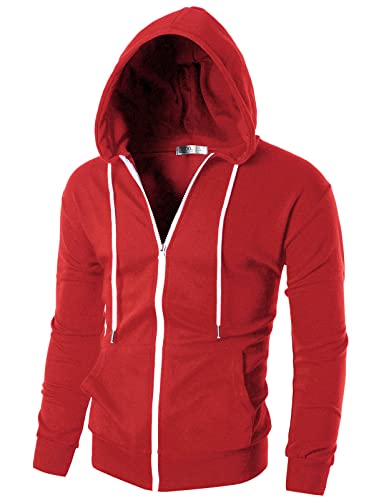 Ohoo Mens Slim Fit Lightweight Zip Up Hoodie with Pockets Long Sleeve Full-Zip Hooded Sweatshirt/DCF002-RED-M