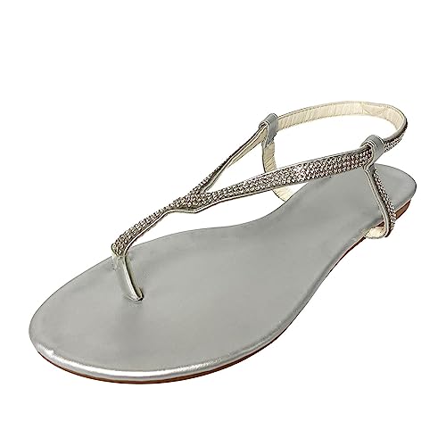 Women's Elastic Strap Flat Sandals Open Toe Sandal Roman Style Casual Breathable Sandals Non Slip Shoes Summer Beach Sandal 03_Silver, 9