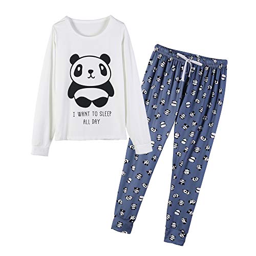 YIJIU Women's Sleepwear Long Sleeve Top and Pants Pajama Set Panda Print Nighty, Blue, XX-Large
