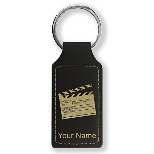 LaserGram Rectangle Keychain, Movie Clapperboard, Personalized Engraving Included (Black with Gold)
