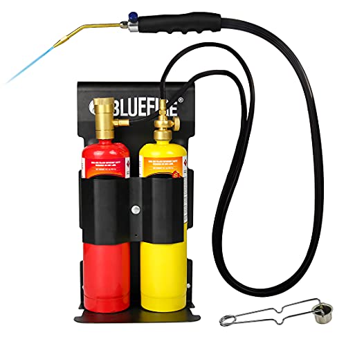 BLUEFIRE Oxypropane Welding Torch Kit with Flint Lighter and Cylinder Holder Rack - For Brazing, Soldering