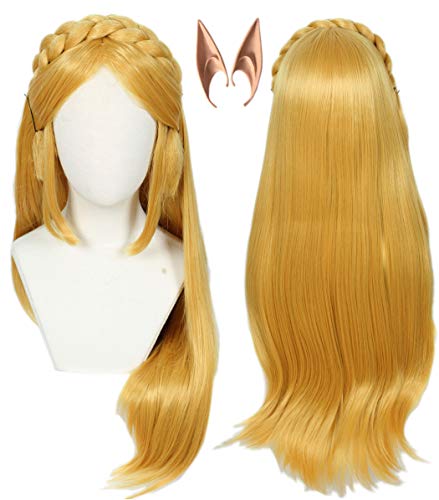 Linfairy Womens Long Blonde Wig Halloween Cosplay Wigs with 2 Elf Ear