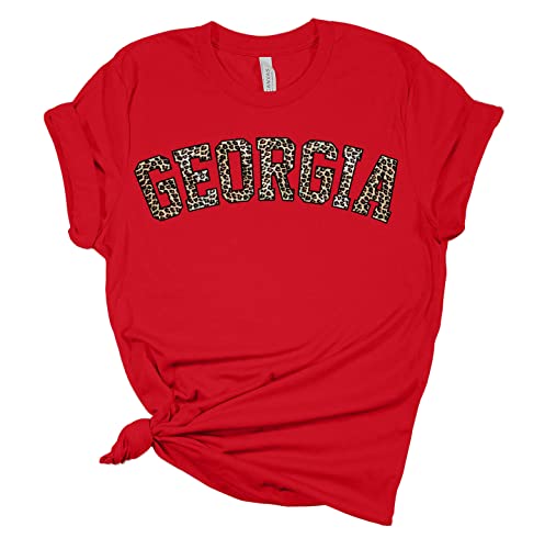 Womens Georgia Football UGA Leopard Print Georgia Unisex Fit Short Sleeve T-Shirt Graphic Tee-Red-XL