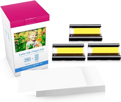 Compatible with Canon Selphy CP1500 Ink and Paper for CP1300 CP1200 CP1000 CP910, KP-108IN KP108 3 Color Ink Cartridges and 108 Photo Paper Sheets (4'' x 6'' Glossy Paper) for Selphy CP Photo Printers