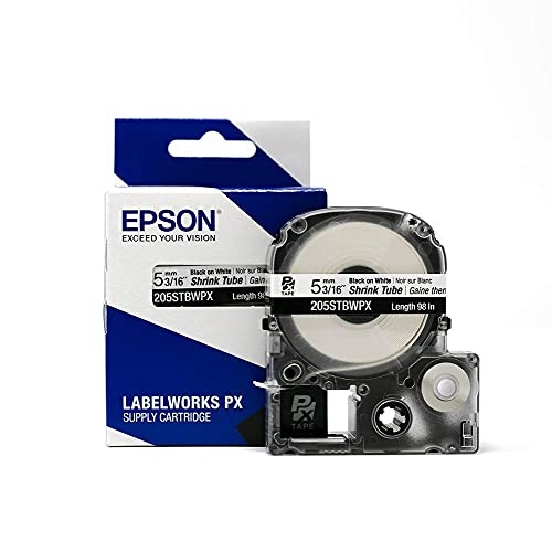 Epson LABELWORKS 205STBWPX Tape Cartridge - Black on White Shrink Tube Industrial Label Maker Tape - AWG 8-12, 3/16' (5MM) Wide, 8 ft (96')