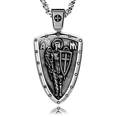 VENICEBEE Archangel St. Michael Protect Us Saint Medal Cross Sword Shield Protection Unique Solid 925 Sterling Silver Pendant Necklace + Velvet Pouch, Polishing Cloth, Fine Gift Box