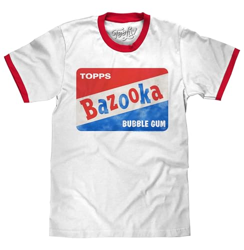 Tee Luv Men's Bazooka Bubble Gum Shirt - Retro Topps Candy Ringer Tee Shirt, Red/White, L