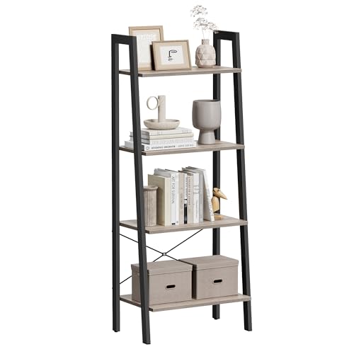 VASAGLE Ladder Shelf, 4-Tier Bookshelf, Storage Rack, Bookcase with Steel Frame, for Living Room, Home Office, Kitchen, Bedroom, Industrial Style, Greige and Black ULLS44MB