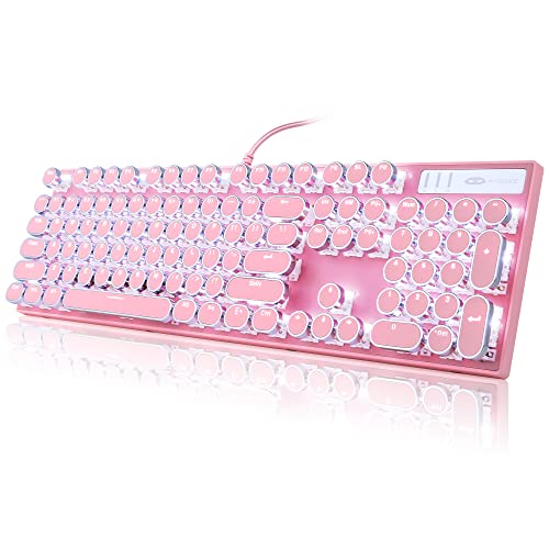 Camiysn Typewriter Style Mechanical Gaming Keyboard, Pink Retro Punk Gaming Keyboard with White Backlit, 104 Keys Blue Switch Wired Cute Keyboard, Round Keycaps for Windows/Mac/PC