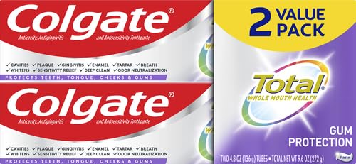 Colgate Total Whitening Toothpaste with Stannous Fluoride and Zinc, Sensitivity Relief and Cavity Protection Mint, 4.8 Ounce (Pack of 2)