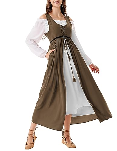 Coffee Renaissance Dress Women Boho Long Sleeve Maxi Dress Irish Costume Coffee L