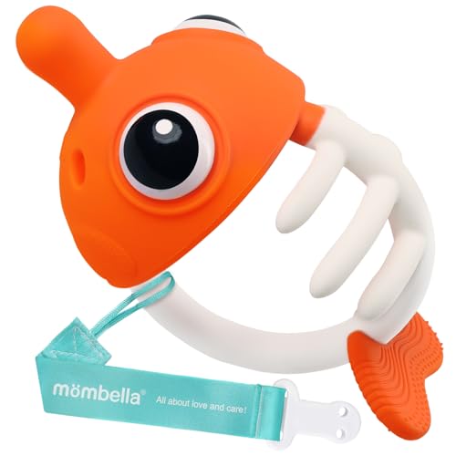 Mombella Clownfish Baby Teether Toys, Teething Toys for Babies 0 3 6 12 Months with Clip, Safe Soft Silicone Infant Teethers Toy 4-9 Months Old Soothing Sucking n Chew on Needs, Fun Gift for Newborn