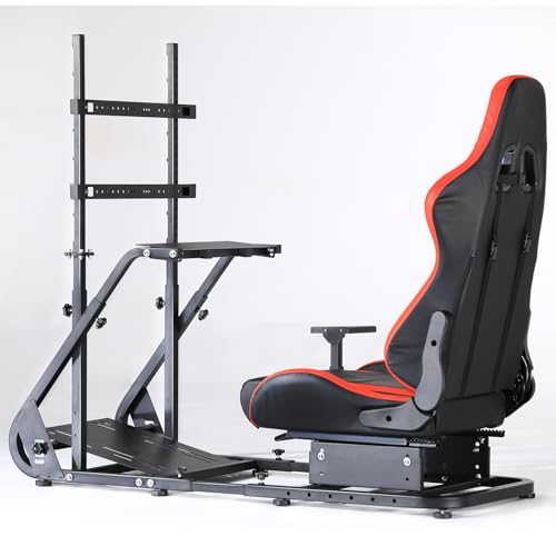 Marada Racing Simulator Cockpit Frame with Monitor Stand, Gear Mount, Red seat Compatible with G923 G920 G29 FANTEC T3PA TGT Height Adjustable Wheel and Pedals Not Included Racing Cockpit Full Kit