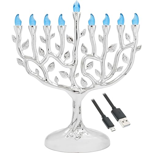 The Dreidel Company Traditional LED Electric Silver Hanukkah Menorah - Battery or USB Powered - Includes a Micro USB 4' Charging Cable