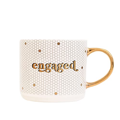 Sweet Water Decor Engaged Tile Coffee Mug - Novelty Coffee Mugs - 17oz Gold Handle Coffee Cup - Cute Coffee Mug - Engagement Gift for Her - Bridal Shower Gifts
