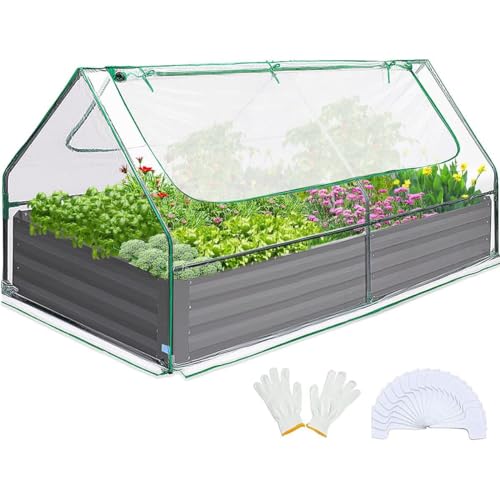 Quictent Raised Garden Bed with Cover Outdoor Galvanized Metal Planter Box Kit, w/ 2 Large Screen Windows Mini Greenhouse 20pcs T Tags 1 Pair of Gloves Included for Growing Vegetables 6x3x1ft (Clear)