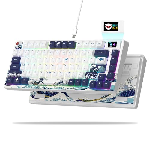 Womier S-K80 75% Keyboard with Color Multimedia Display Mechanical Gaming Keyboard, Hot Swappable Keyboard, Gasket Mount RGB Custom Keyboard, Pre-lubed Stabilizer for Mac/Win, White Kanagawa Theme