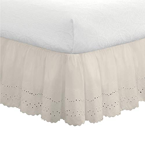 FRESH IDEAS Eyelet Bed Skirt Dust Ruffle Embroidered Details, Classic 14” drop length Gathered Styling, Full, Ivory (Model: FRE30014IVOR02)