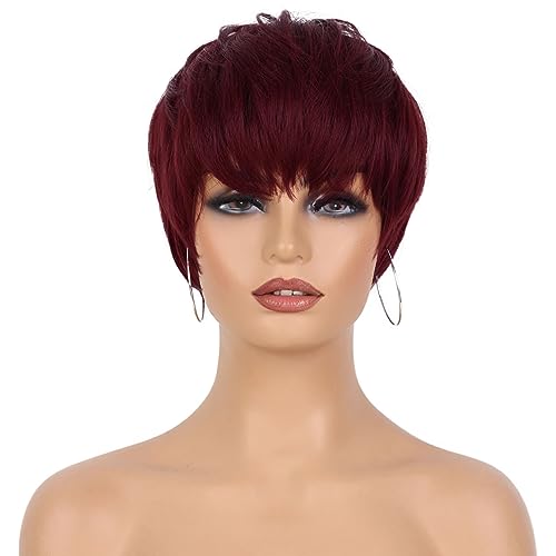 Tereshar Pixie Wig for Black Women Short Layered Straight Wig Red Wig with Bangs Heat Resistant Synthetic Colored Wig for Daily Use(99J)