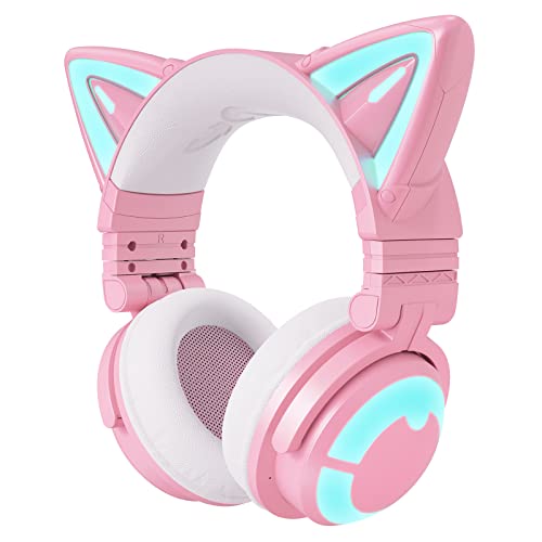 YOWU RGB Cat Ear Headphone 3G Wireless 5.0 Foldable Gaming Pink Headset with 7.1 Surround Sound, Built-in Mic & Customizable Lighting and Effect via APP, Type-C Charging Audio Cable -Pink