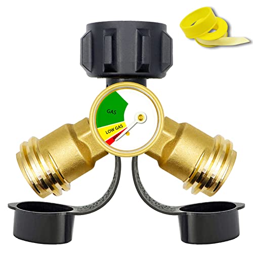 【1 pack】Propane Splitter (Propane Tank Y Splitter Adapter) with Gauge and Shut-Off Valve, 2 Way Propane Gas Splitter Adapter for Propane Tank, which for Camping Stoves, BBQ Grills, RV Camper, etc.