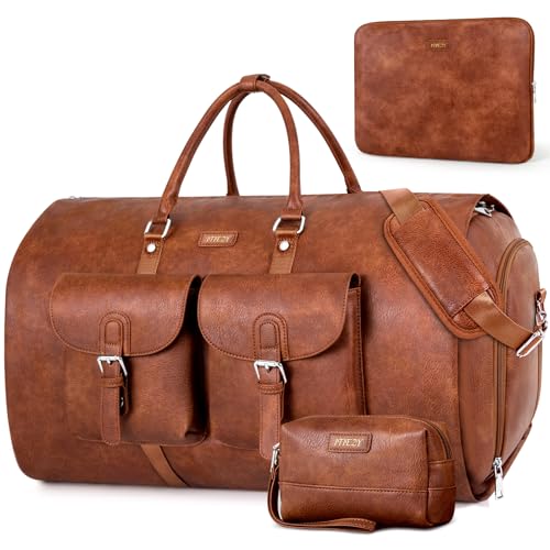 Garment Bag for Travel, Convertible Carry on Garment Duffel Bag for Men 3Pcs Weekender Bag 2 in 1 Hanging Suitcase Suit Bag (A1-Brown-Faux Leather)
