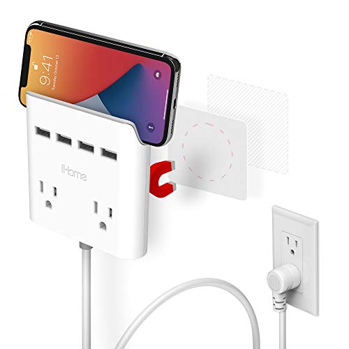 iHome Power Reach Multi-Plug Outlet Extender and Splitter, Fast Charging Portable Power Station with 2 Outlets and 4 USB Ports, 6 ft Extension Cord and Magnetic Wall Mount