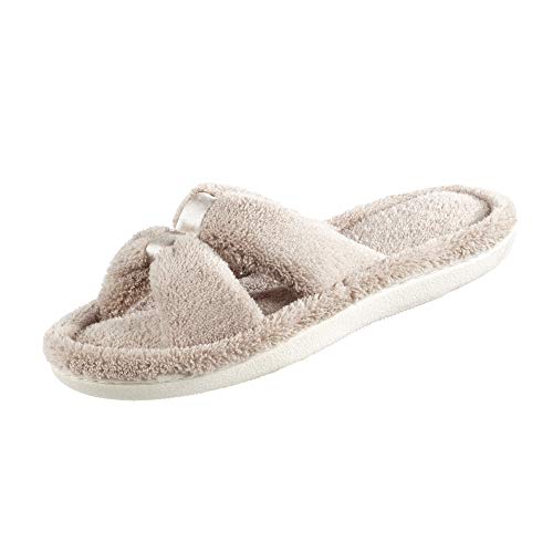 isotoner womens Microterry Satin X-slide slippers, Taupe, 8.5-9 US