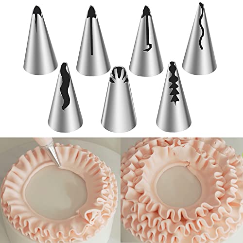 Suuker 7pcs Pleated Skirt Piping Nozzles Set, Stainless Steel Russian Nozzles Tips Piping Set For Pastry Fondant,Cake Decorating Supplies Baking Tools（Silver）