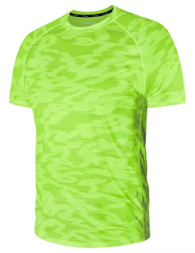 Zengjo Mens Running Shirts Moisture Wicking Gym Workout Tshirt Quick Dry(Neon Green,XL)