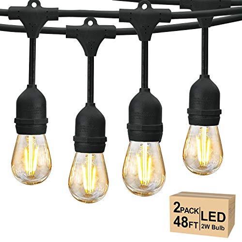 Svater 96FT Outdoor String Lights, Patio Lights with 30 2W Antique S14 LED Plastic Bulb, IP65 Waterproof Hanging Light, Dimmable Warm White(2Pack 48FT)