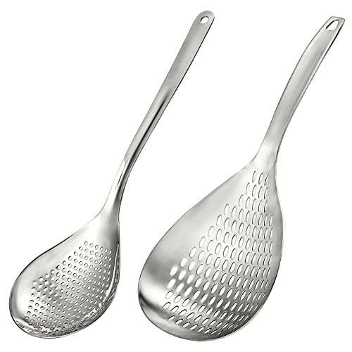 Suwimut 2 Pack Skimmer Slotted Spoon, 13.6 Inch Large Stainless Steel Skimmer Ladle Spoon Spider Strainer with Handle and Hanging Holes, Fryer Scoop Kitchen Colander for Cooking, Draining and Frying