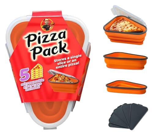 PIZZA PACK The Perfect Reusable Pizza Storage Container with 5 Microwavable Serving Trays - BPA-Free Adjustable Pizza Slice Container to Organize & Save Space, Orange