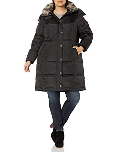 LONDON FOG Women's Plus-Size Mid-Length Faux-Fur Collar Down Coat with Hood, Black, 2X