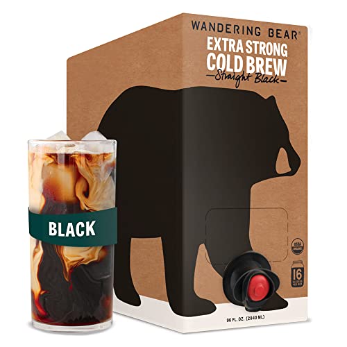 Wandering Bear Straight Black Organic Cold Brew Coffee On Tap, 96 fl oz - Extra Strong, Smooth, Unsweetened, Shelf-Stable, and Ready to Drink Iced Coffee, Cold Brewed Coffee, Cold Coffee