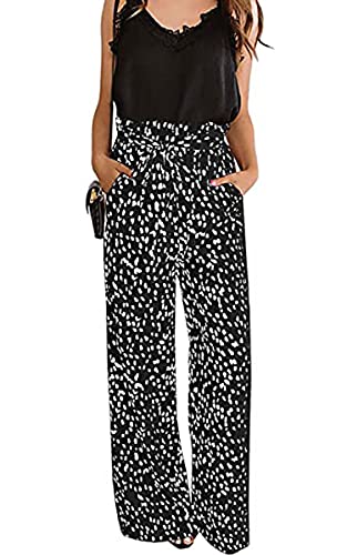 ECOWISH Womens Palazzo Pants Wide Leg Trousers with Pockets High Waist Casual Loose Flowy Pants with Belt 160 Black Medium