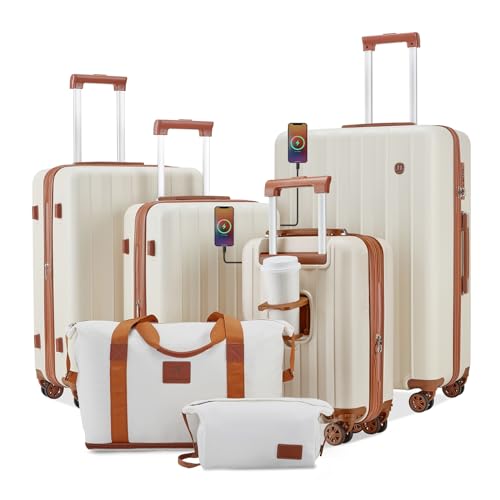 imiomo Luggage Sets 4 Piece Expandable Luggage Set, Hardside Carry on Suitcase with USB Port Cup Holder, Travel Luggage Suitcase with Spinner Wheels TSA Lock, White Brown