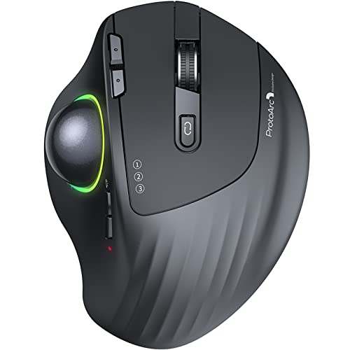 ProtoArc Wireless Bluetooth Trackball Mouse, EM01 2.4G RGB Ergonomic Rechargeable Rollerball Mice with 3 Adjustable DPI, 3 Device Connection&Thumb Control, for PC, iPad, Mac, Windows-Black