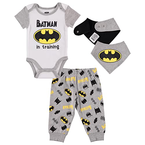 DC Comics Batman Baby Boys Onepiece Bodysuit Jogger Pants and Baby Bandana Accessory Set, Grey/Black/Yellow, 6-9 Months