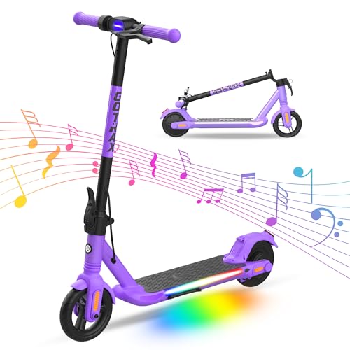Gotrax Comet Foldable Kids Electric Scooter, 6' Solid Tire - Max 7 Mile Range and 10Mph Speed, Thumb-Throttle Control with Music Speaker & RGB Pedal Lights for Kid Over 6 Years Old, Purple