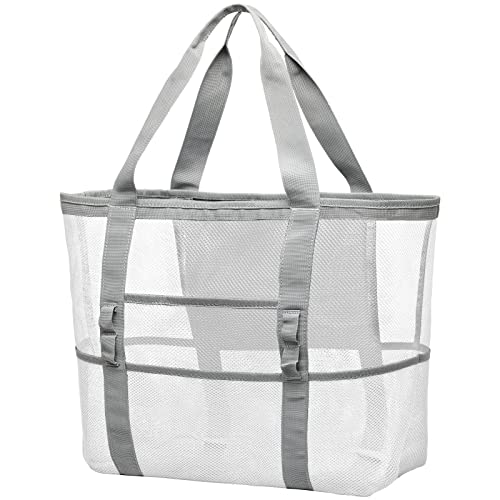 F-color Mesh Beach Bag - Oversized Beach Tote 9 Pockets Pool Bag, White