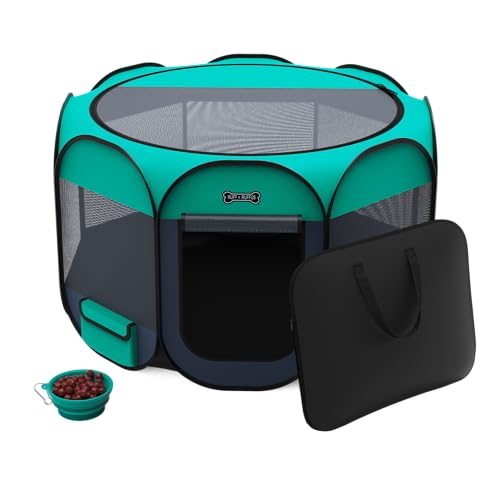 Ruff 'N Ruffus Portable Foldable Pet Playpen + Carrying Case & Collapsible Travel Bowl | Indoor/Outdoor use | Water Resistant | Removable Shade Cover (Extra Large)