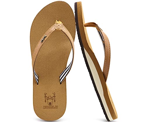 KuaiLu Womens Arch Support Flip Flops Comfortable Yoga Mat Cushion Slip on Walking Thong Sandals Khaki Size 8