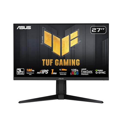 ASUS TUF Gaming 27” 1080P Monitor (VG279QL3A) - Full HD, 180Hz, 1ms, Fast IPS, Extreme Low Motion Blur, FreeSync Premium, G-SYNC Compatible, Speakers, DisplayPort, Height Adjustable, 3 Year Warranty